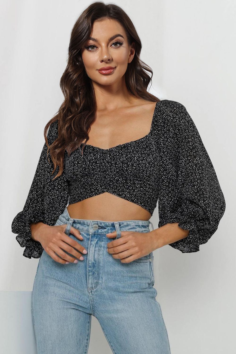 Printed Long Flounce Sleeve Cropped  Crop Top