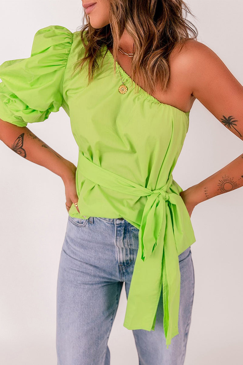 Tied Puff Sleeve One-Shoulder Sleeveless Top