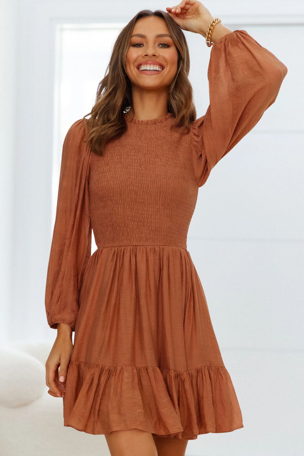 Smocked Balloon Sleeve Ruffle Hem Mini Dress