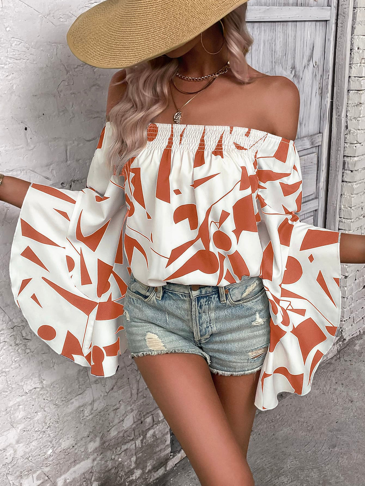 Printed Off-Shoulder Bell Long Sleeve Blouse Red Orange