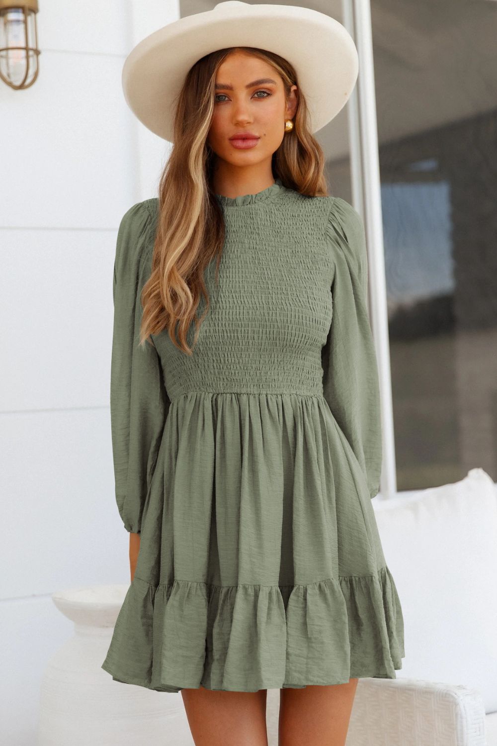 Smocked Balloon Sleeve Ruffle Hem Mini Dress