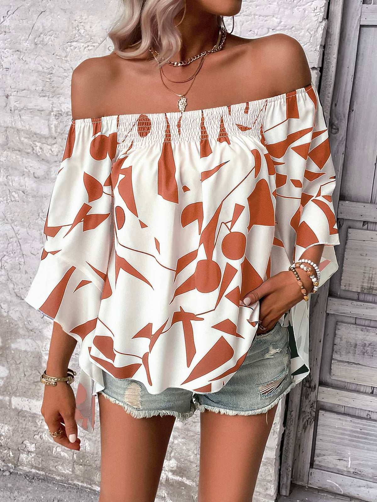 Printed Off-Shoulder Bell Long Sleeve Blouse Red Orange