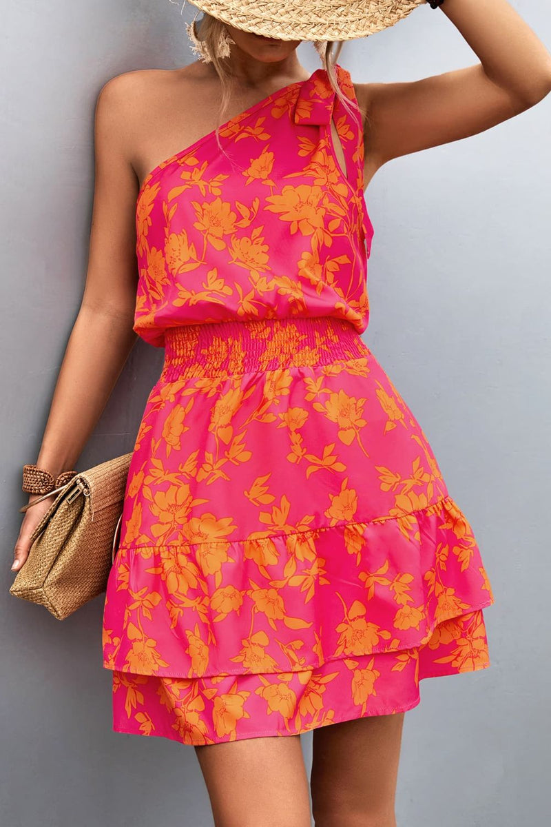 Floral Smocked Waist Tied One-Shoulder Mini Dress