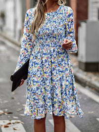 Printed Round Neck Long Sleeve Smocked Mini Dress