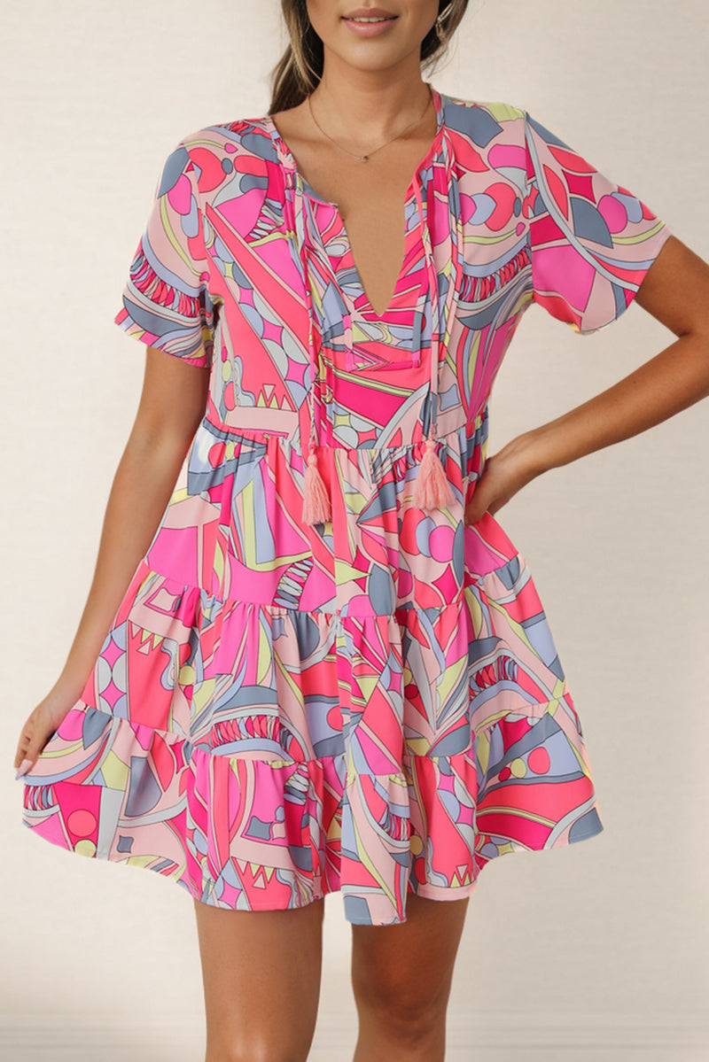 Multicolored Tie Neck Short Sleeve Tiered Mini Dress