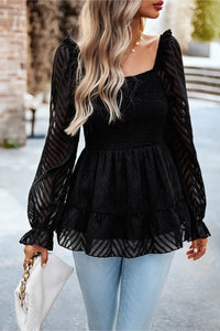 Square Neck Flounce Sleeve Peplum Long Sleeve Top