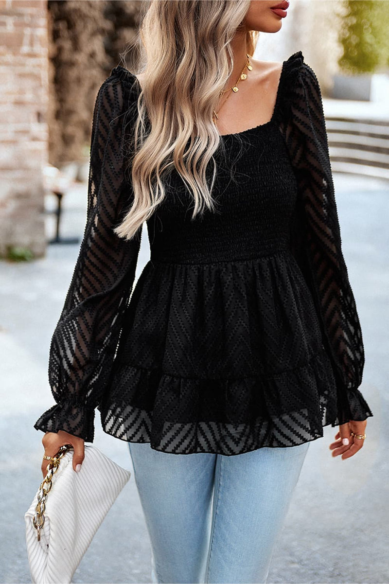 Square Neck Flounce Sleeve Peplum Long Sleeve Top