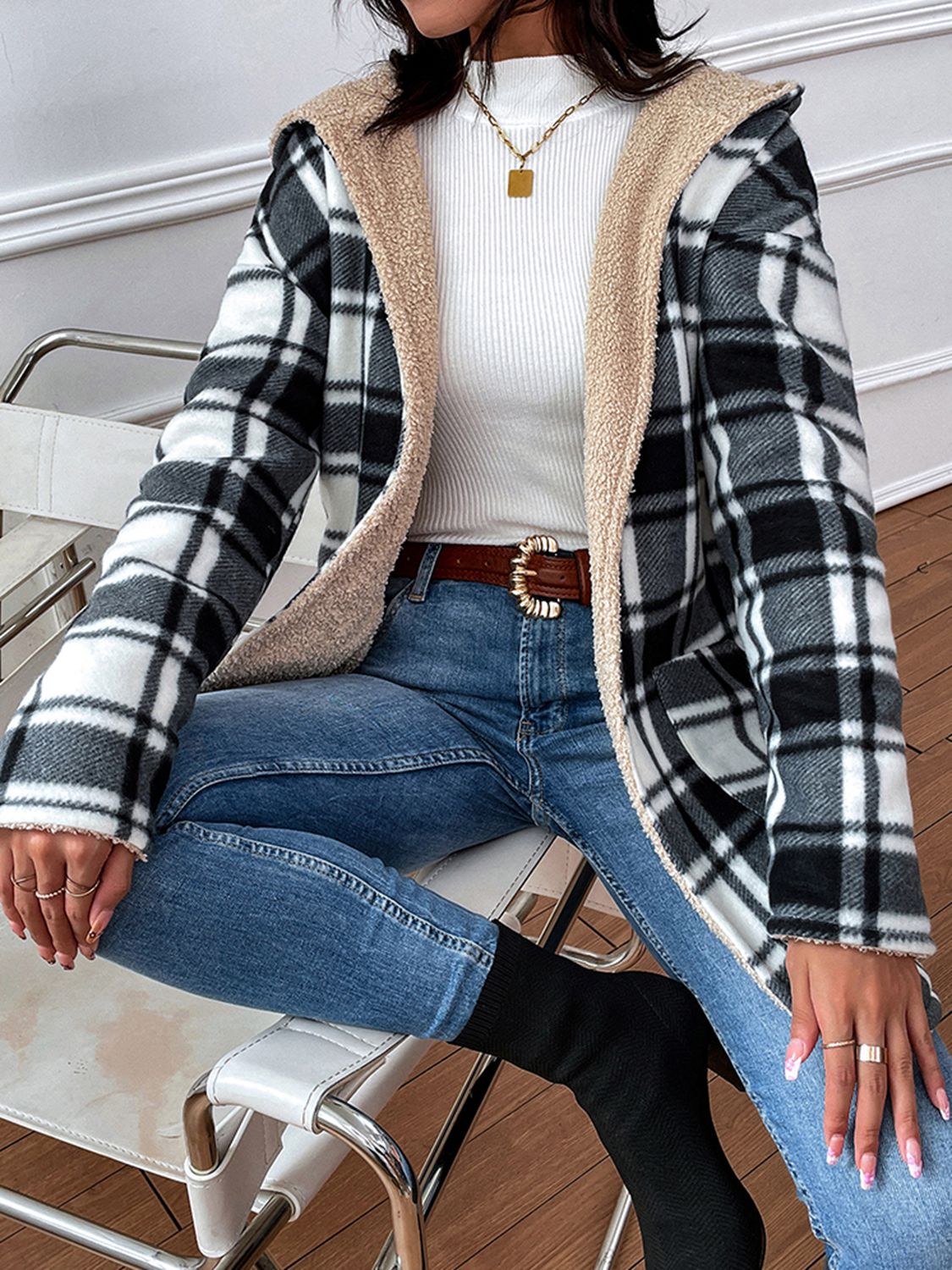 Plaid Hooded Longline Coat Jacket