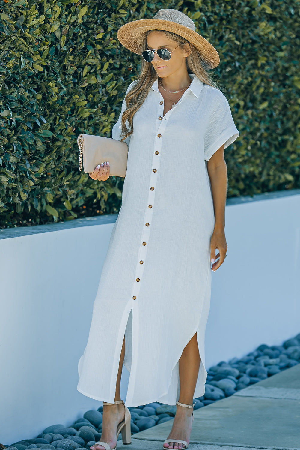 Textured Button Down Slit Shirt Maxi Dress