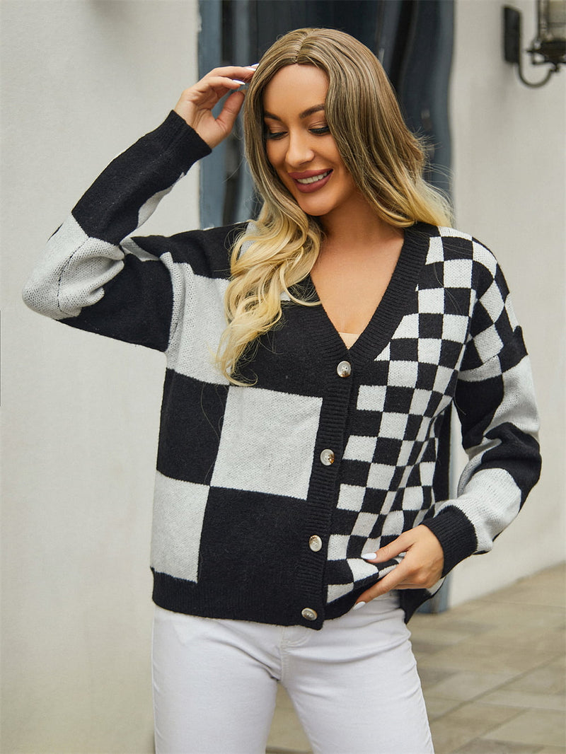 Plaid V-Neck Dropped Shoulder Cardigan Sweater