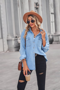 Collared Neck Dropped Shoulder Denim Long sleeve Top