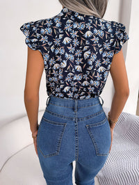 Floral Tie Neck Flutter Sleeve Blouse