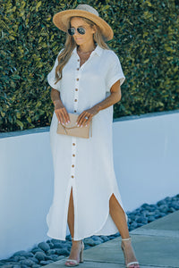 Textured Button Down Slit Shirt Maxi Dress