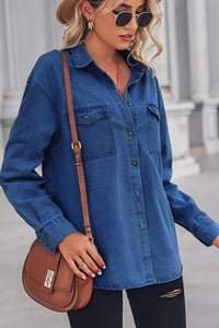 Collared Neck Dropped Shoulder Denim Long sleeve Top