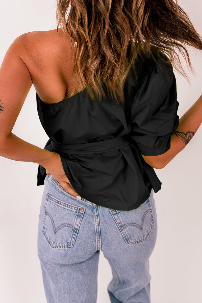 Tied Puff Sleeve One-Shoulder Sleeveless Top