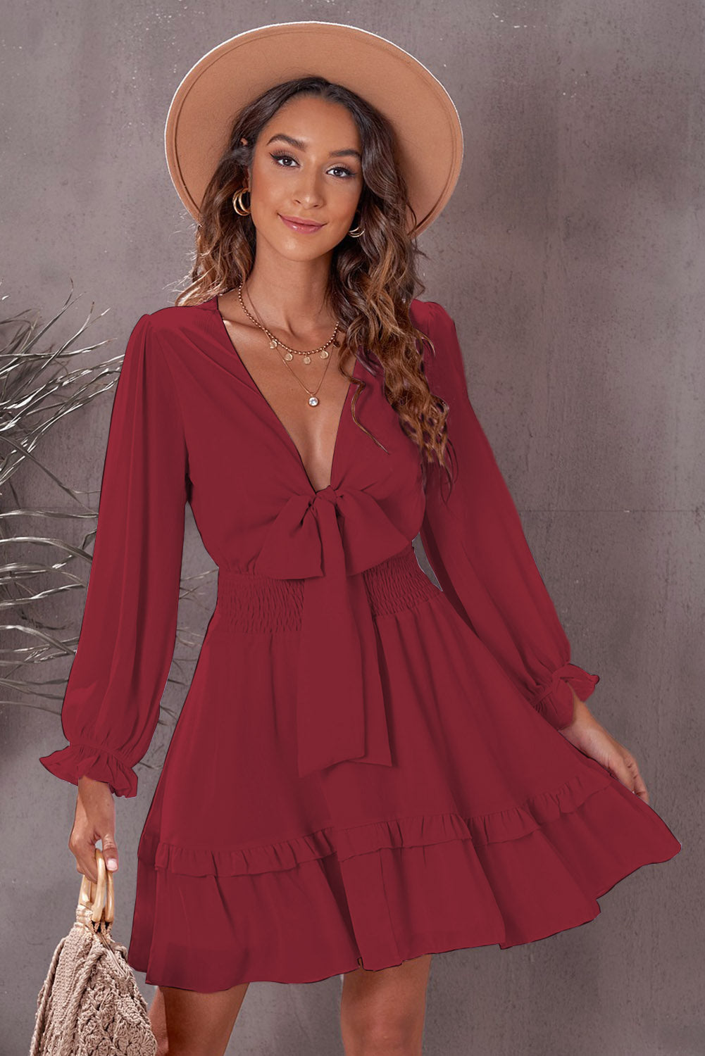 Tied Plunge Smocked Waist Flounce Sleeve Mini Dress