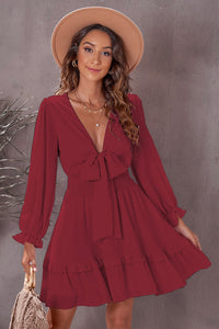 Tied Plunge Smocked Waist Flounce Sleeve Mini Dress