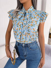 Floral Tie Neck Flutter Sleeve Blouse