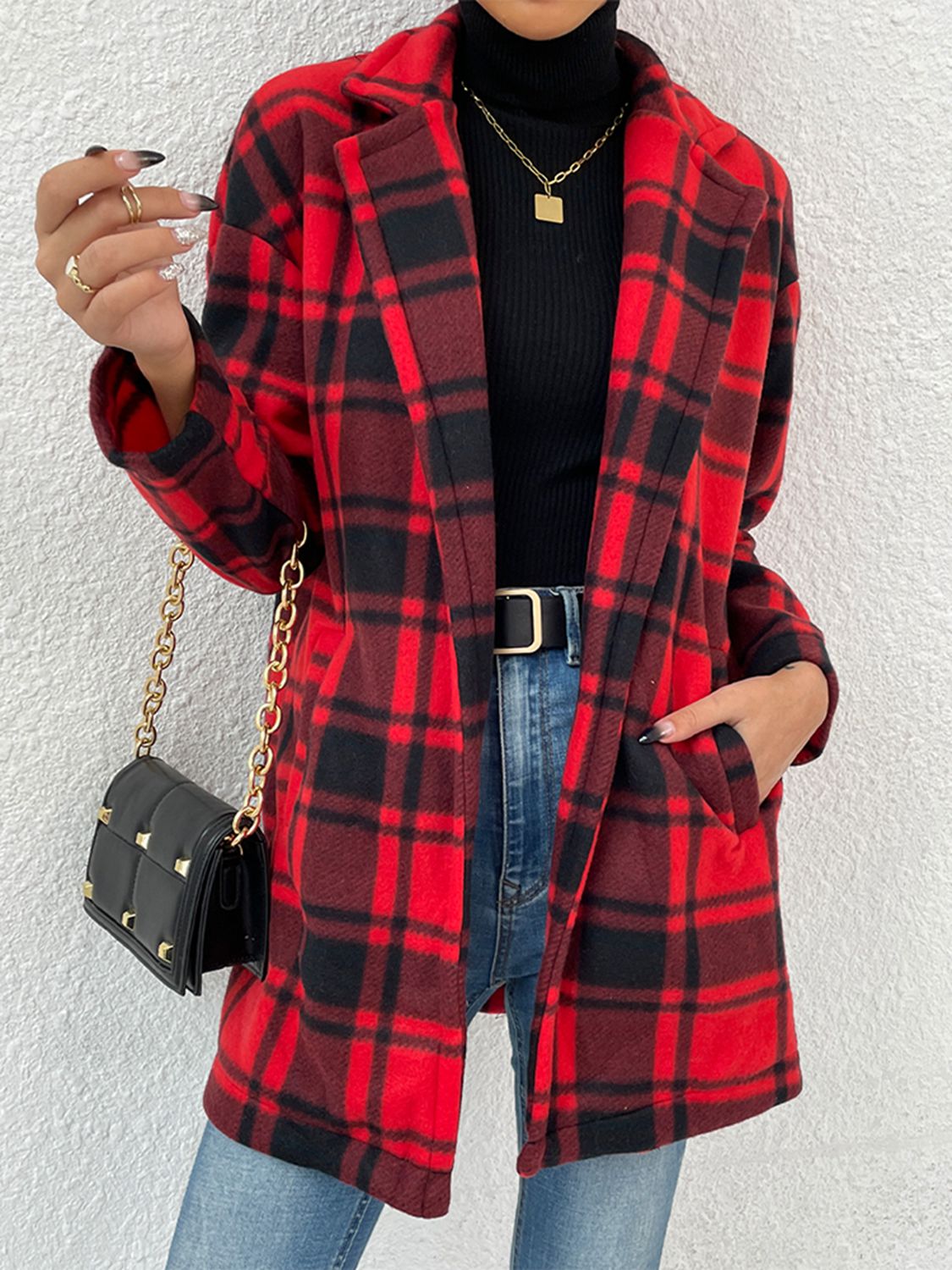 Plaid Lapel Collar Coat with Pockets Jacket