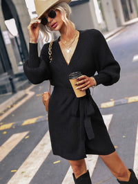 Belted Surplice Lantern Sleeve Wrap Sweater Mini Dress