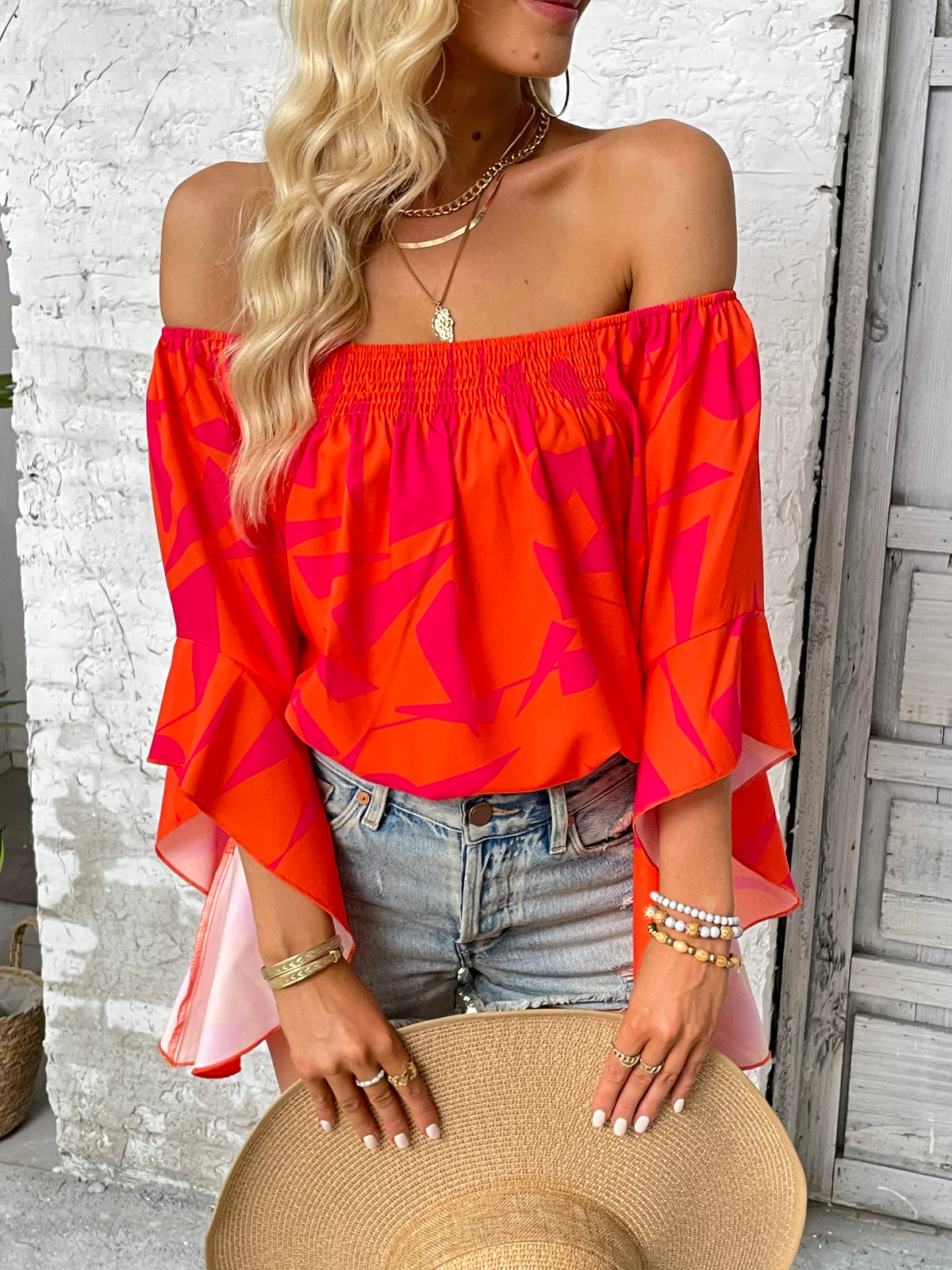 Printed Off-Shoulder Bell Long Sleeve Blouse Red Orange