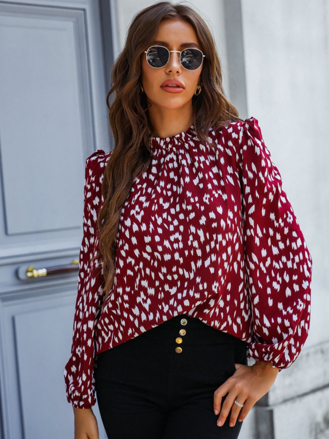 Printed Mock Neck Long Sleeve Blouse