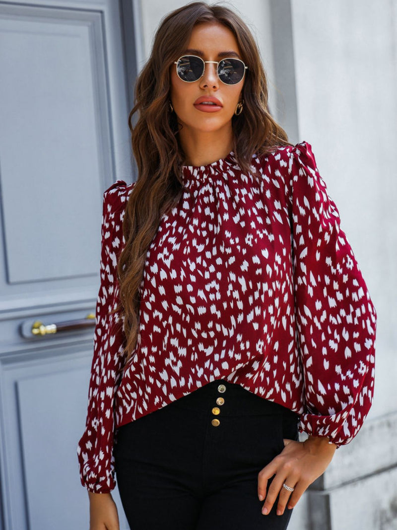 Printed Mock Neck Long Sleeve Blouse