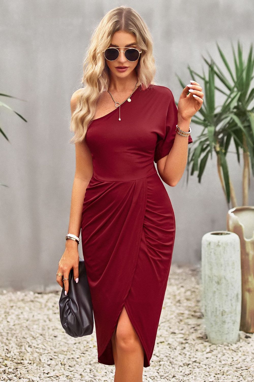 Ruched One-Shoulder Tulip Hem Mini Dress