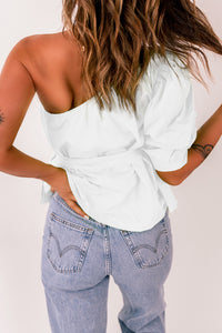 Tied Puff Sleeve One-Shoulder Sleeveless Top