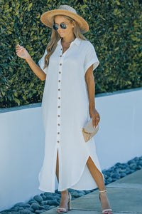 Textured Button Down Slit Shirt Maxi Dress