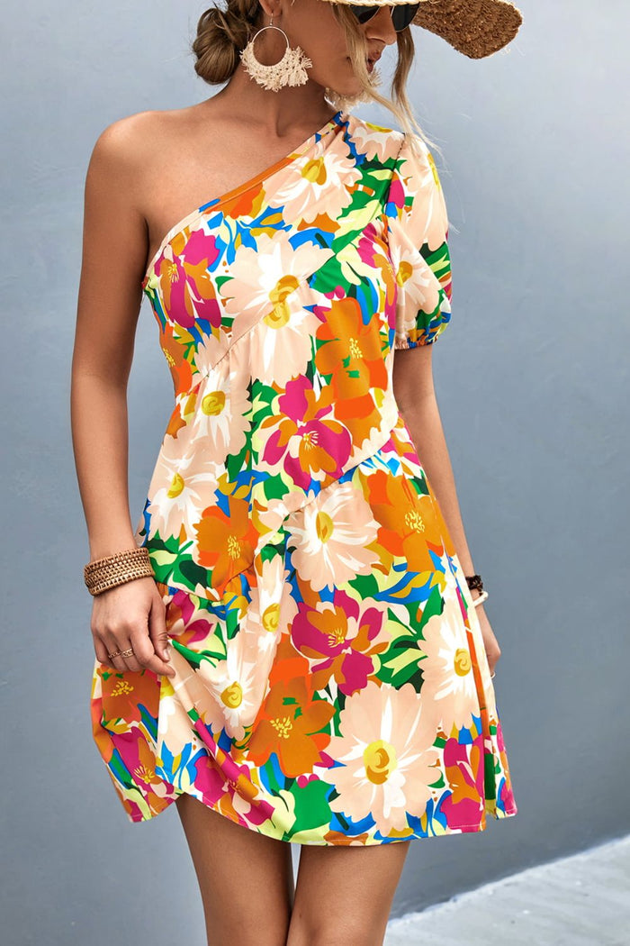 Floral One-Shoulder Puff Sleeve Mini Dress