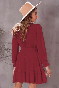 Tied Plunge Smocked Waist Flounce Sleeve Mini Dress