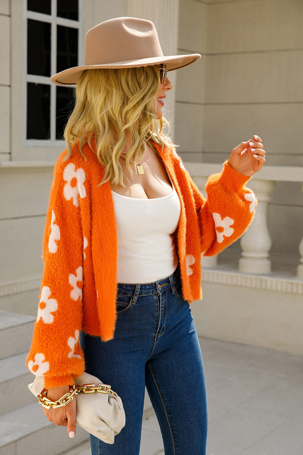 Floral Open Front Fuzzy Cardigan Sweater