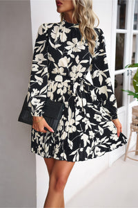 Floral Mock Neck Tie Waist Pleated Mini Dress