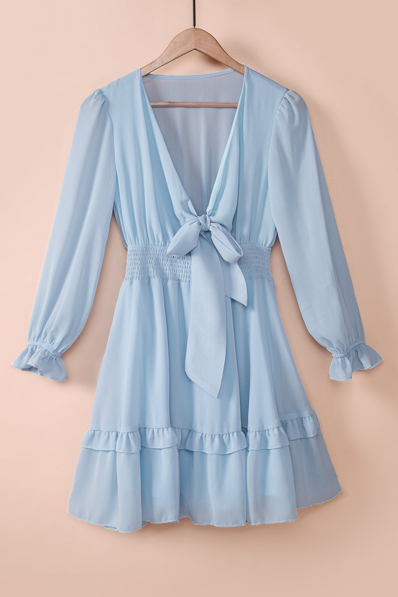 Tied Plunge Smocked Waist Flounce Sleeve Mini Dress