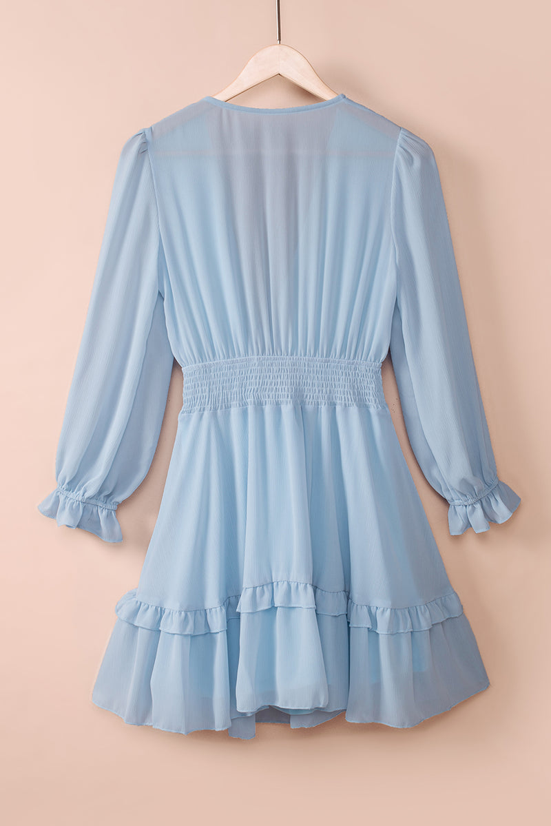 Tied Plunge Smocked Waist Flounce Sleeve Mini Dress