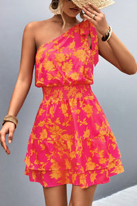 Floral Smocked Waist Tied One-Shoulder Mini Dress