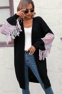 Fringe Sleeve Dropped Shoulder Cardigan Sweater