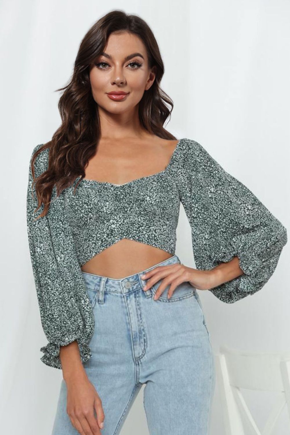 Printed Long Flounce Sleeve Cropped  Crop Top