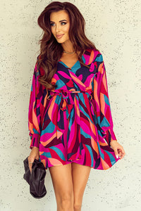 Printed Surplice Neck Tie Waist Mini Dress