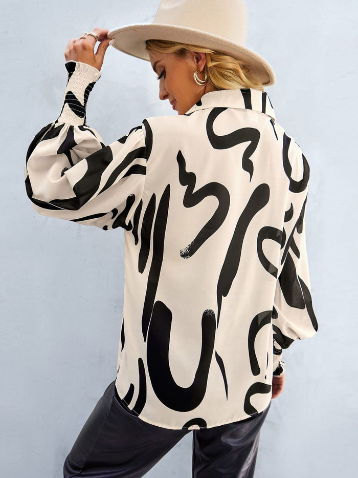 Printed Lantern Long Sleeve Button-Up Shirt