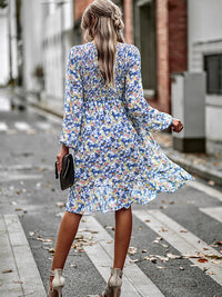 Printed Round Neck Long Sleeve Smocked Mini Dress