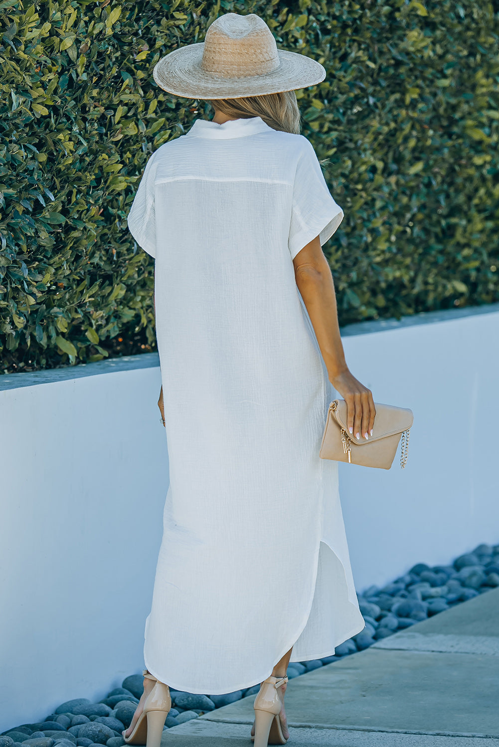 Textured Button Down Slit Shirt Maxi Dress