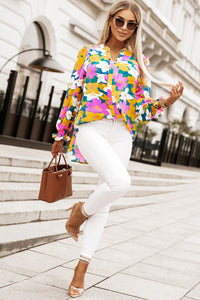 Floral Print Notched Neck Lantern Long Sleeve Blouse