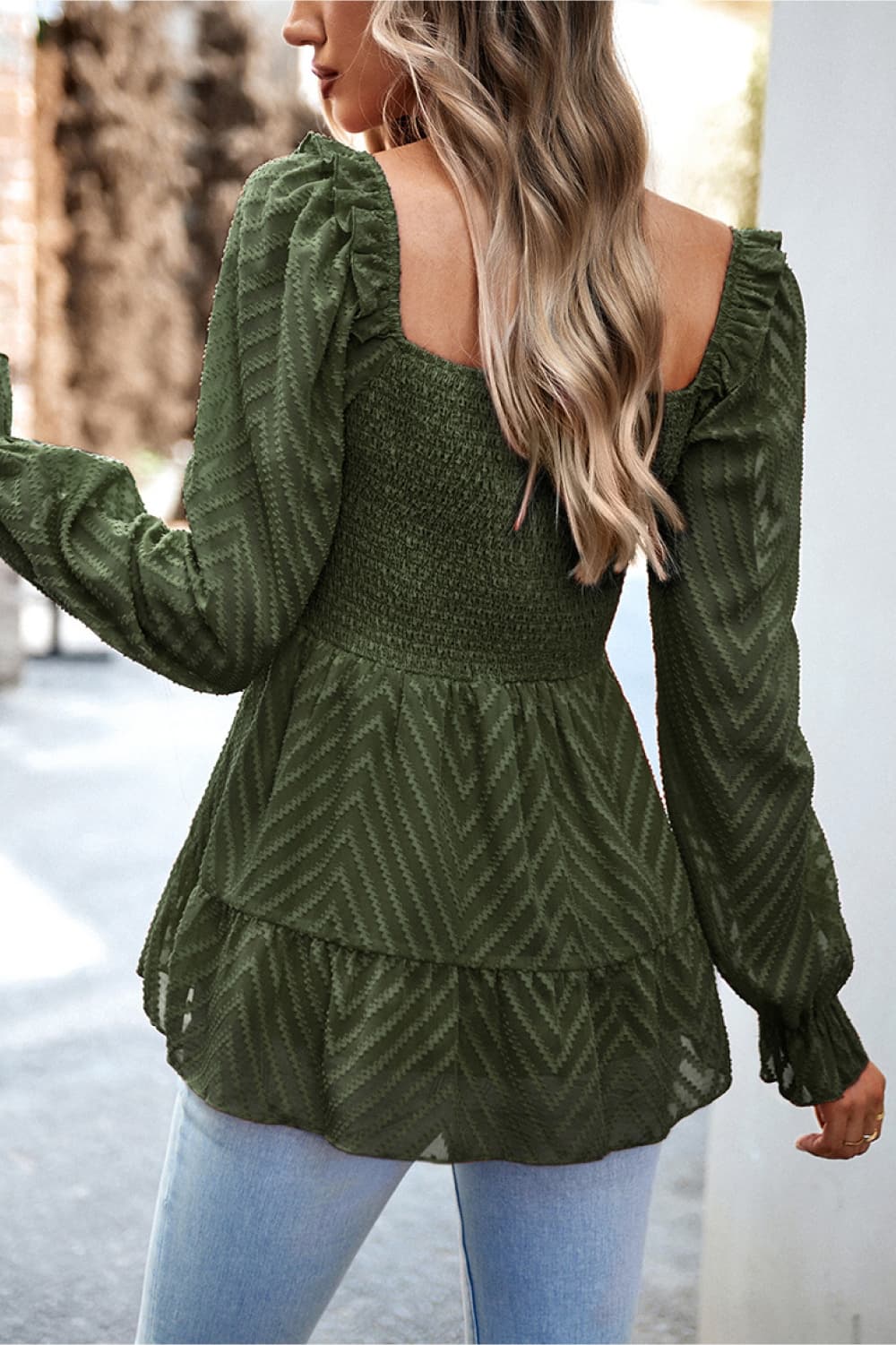 Square Neck Flounce Sleeve Peplum Long Sleeve Top